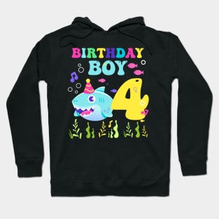 4th Birthday Boy Shark Funny B-day Gift For Kids Tollders Hoodie